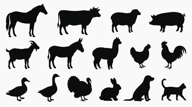 Farm Animals Silhouette Set: A meticulously crafted collection of farm animal silhouettes, perfect for illustrating various aspects of farm life and agricultural themes.