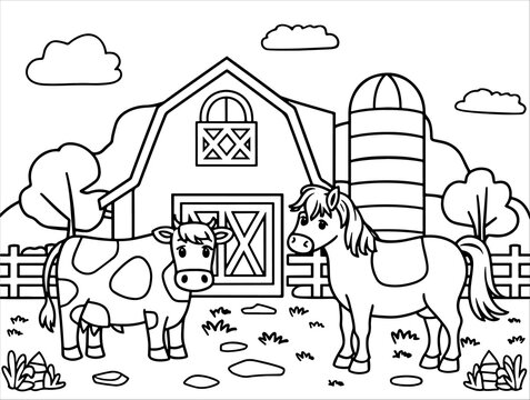 Farm line art with cow and horse near barn, silo, and fence. Outline style for kids&rsquo; coloring books and preschool activities.