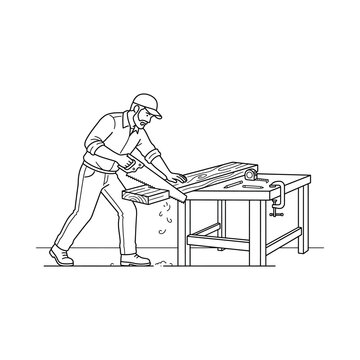 Man working with wood on table saw.