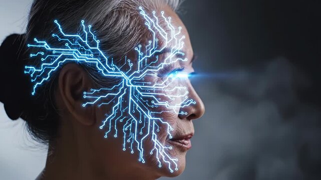 Profile view of an elderly asian woman with a glowing blue digital circuit pattern overlay on her face and head