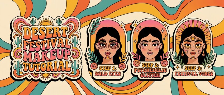 Colorful makeup tutorial illustrations for desert festival styles  