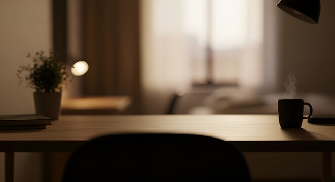 Cozy home office desk with steaming coffee mug books and plant in soft evening light