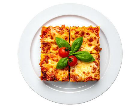 Four squares of cheesy baked pasta dish with tomato