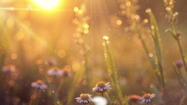 Spring background. Realistic sunflower garden background with particle. Spring, Summer flowers garden in sunny day. Cherry blossom 