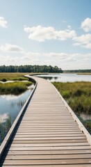 Obraz premium Wooden boardwalk curves gently through a sunlit marsh landscape beside calm water.