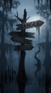 Rustic wooden signpost with an explicit warning stands submerged in a dark, misty swamp environment