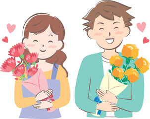 Obraz premium 母の日と父の日に花束をもらった男性と女性のイラスト