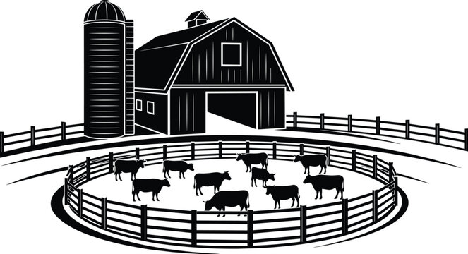Black and white farm illustration with barn, silo, fenced livestock pen and cows in traditional rural setting