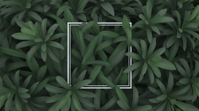 Deep green leaves forming natural bed around a clean white frame