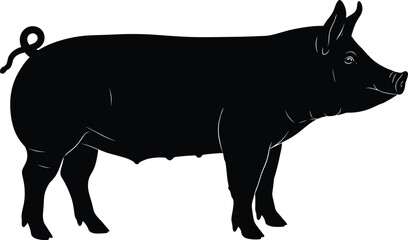 Black pig silhouette illustration of farm animal sow with curled tail, livestock profile vector for agriculture design © Sohel