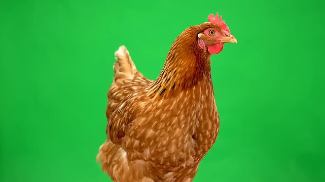 A close-up shot of a brown chicken standing against a vibrant green screen background, showcasing its detailed feathers and features