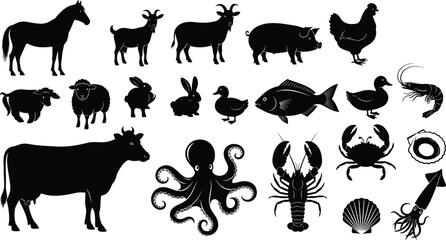 Black silhouette vector collection of farm animals and sea creatures including horse, cow, pig, chicken, fish, crab © Sohel