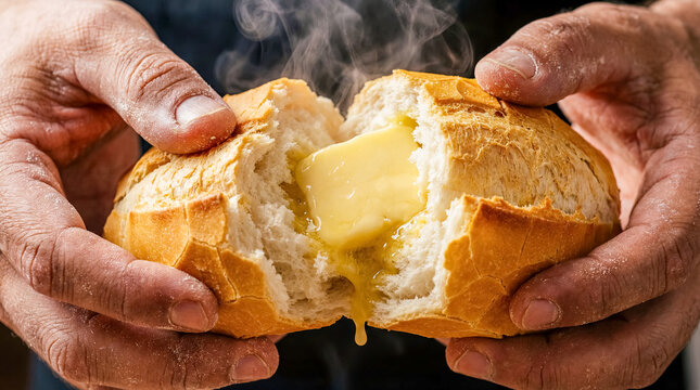 Brazil bread roll butter pao frances traditional bakery breakfast snack soft fluffy hands breaking warm fresh baked artisan loaf with melting butter embodying beloved Brazilian morning ritual