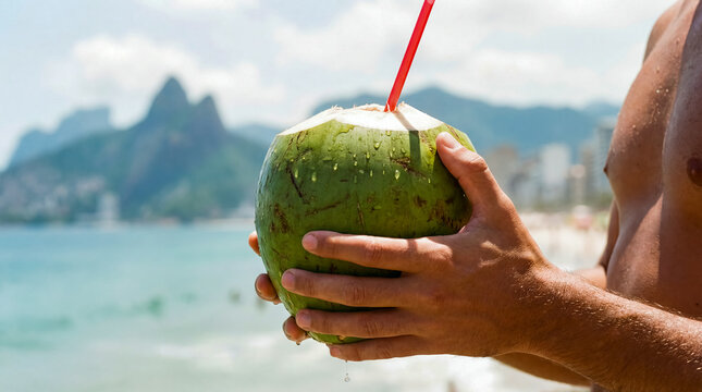 Brazil coconut water beach tropical drink coco verde fresh summer ocean healthy natural beverage held in hand on sunny shore with mountain background celebrating vibrant coastal lifestyle