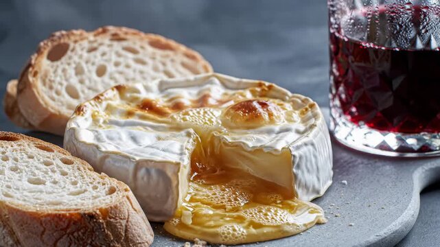 Melted Baked Brie Cheese With Crusty Bread Slices and Red Wine in a Glass, Close-Up