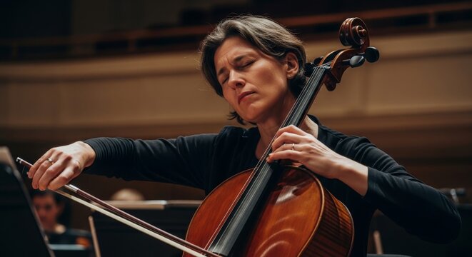 Woman plays cello with eyes closed