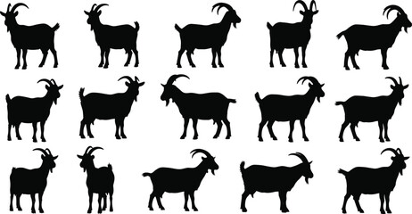 Obraz premium Collection of 15 unique goat silhouettes in various poses, horn shapes, and orientations for animal vector illustration