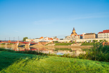 Skyline view of old town bridge and city center of Gorzow Wielkopolski with Saint Mary's Cathedral ower. Poland