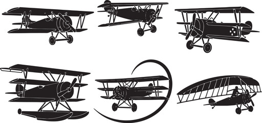 Biplane and Triplane Aircraft Black Solid Silhouettes © Reshma