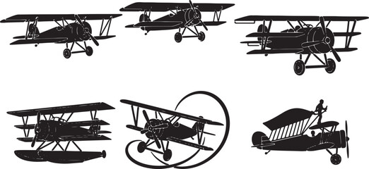 Biplane and Triplane Aircraft Black Solid Silhouettes © Reshma