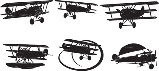 Biplane and Triplane Aircraft Black Solid Silhouettes © Reshma