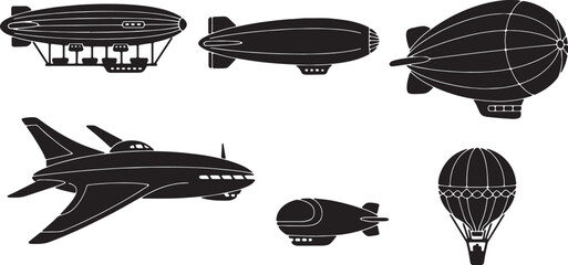 Blimp, Zeppelin, and Airship Black Solid Silhouettes © Reshma
