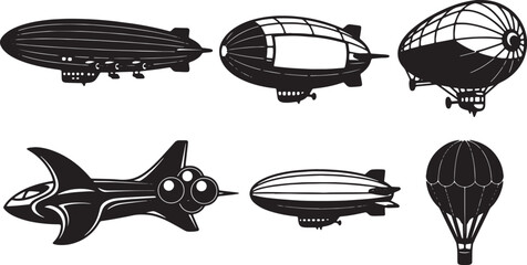 Blimp, Zeppelin, and Airship Black Solid Silhouettes © Reshma