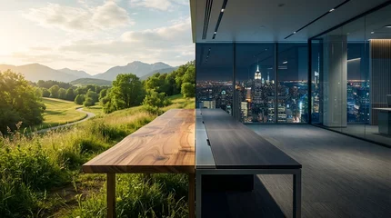 A wooden table sits in a modern building overlooking a serene landscape with trees, mountains, and a cityscape at dusk. © trash