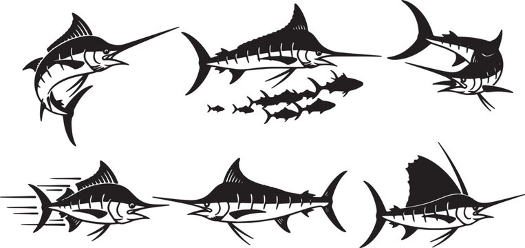 Set of Six Swordfish and Marlin Action Black Silhouettes