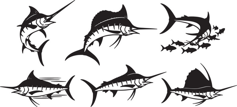 Set of Six Swordfish and Marlin Action Black Silhouettes