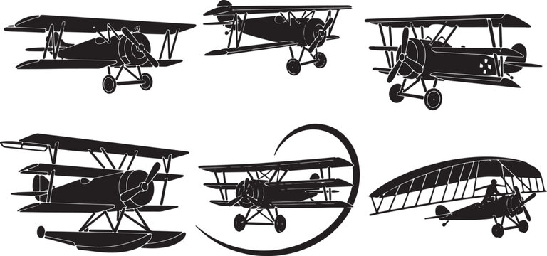 Biplane and Triplane Aircraft Black Solid Silhouettes