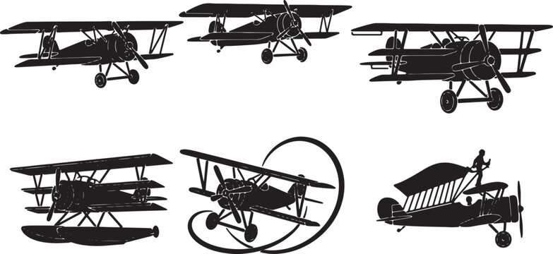 Biplane and Triplane Aircraft Black Solid Silhouettes