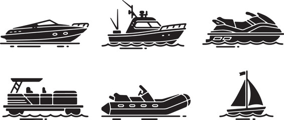 Small Boat and Watercraft Black Solid Silhouettes Set © Reshma