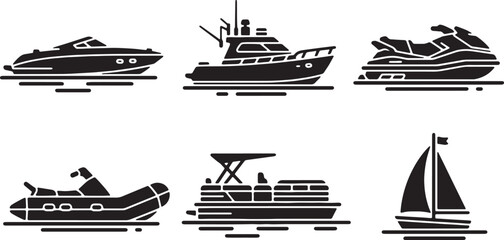Small Boat and Watercraft Black Solid Silhouettes Set © Reshma