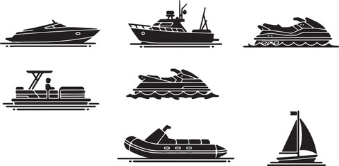 Small Boat and Watercraft Black Solid Silhouettes Set © Reshma