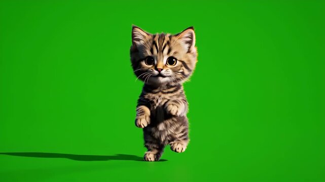 Green Screen Cute Tabby Kitten Walking Upright on Isolated Background 4K