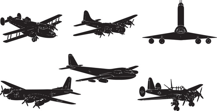 Bomber Aircraft Through History Black Solid Silhouettes