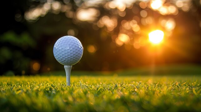 White golf ball on wooden tee surrounded by lush green grass and blurred trees in background