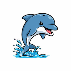 Fototapeta premium Cheerful cartoon dolphin jumping with blue water splash on white background.