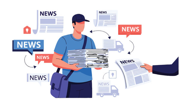 News Delivery Illustrated: A visual representation of a news delivery person interacting with a newspaper, conveying information via truck transportation.