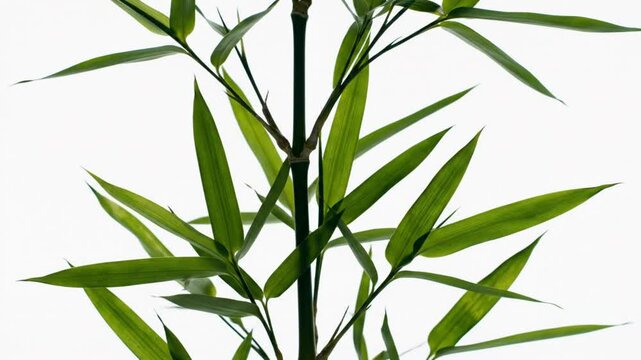 Close up view of fresh green bamboo leaves swaying gently on a bamboo stalk against a white background