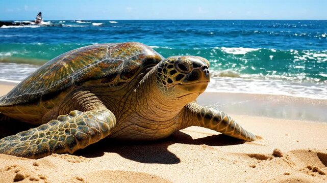 Sea turtle resting on a sandy beach basking in the bright sunlight with ocean waves in background