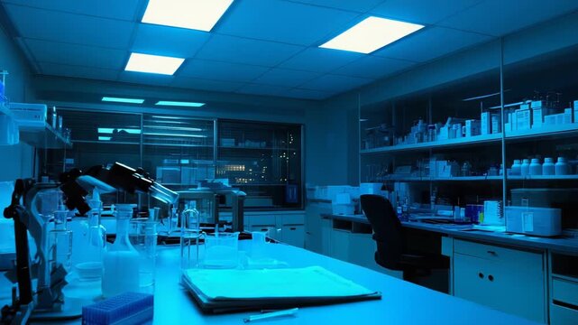 Scientific laboratory workspace bathed in cool blue light with modern glassware, instruments and shelves of supplies, conveying sterile, professional research and clinical work
