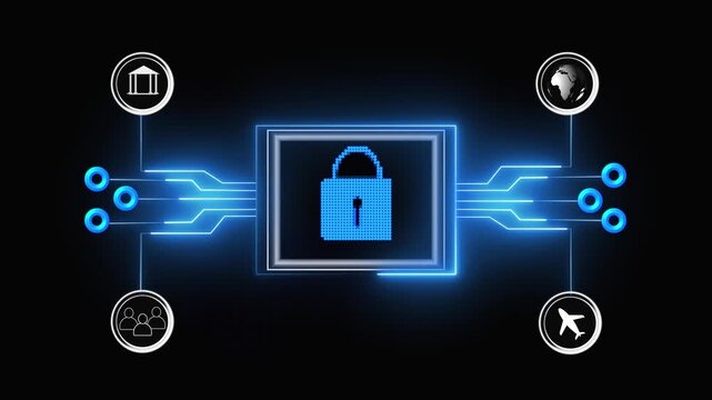 Secure digital lock glows within a futuristic frame against a dark background. Futuristic frame with glowing digital lock ensures secure visual. Digital lock shines in futuristic frame against dark .