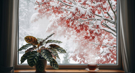 Winter fairy tale outside the window: a houseplant against a background of snow-pink trees, a cozy atmosphere of home warmth, photography in the style of hugge