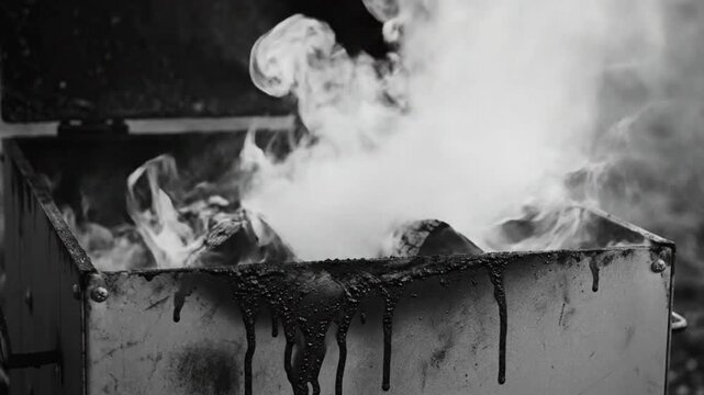 Black and white close up of a small metal grill with wood burning inside producing smoke