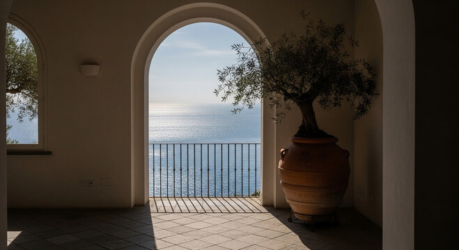 A picturesque Mediterranean terrace with an olive tree in an amphora, warm terracotta and azure colors, invites you to a secluded rest against the background of the endless sea
