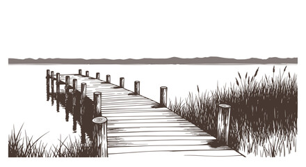 Naklejka premium Wooden Dock on Calm Waterway Shore.