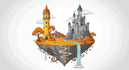 Fantasy castle on floating island. © SaljuCreative