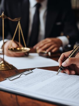 A person signs a legal document at a desk with a golden balance scale, while a suited individual observes, suggesting a formal legal or business setting.